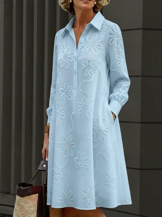 Women Floral Spring/Fall Dress Stand Collar Long Sleeve Shirt Dress A-Line Dress