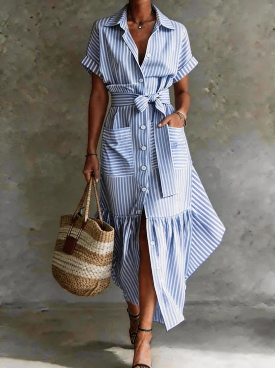 Women Striped Summer Dress V Neck Short Sleeve Shirt Dress A-Line Dress