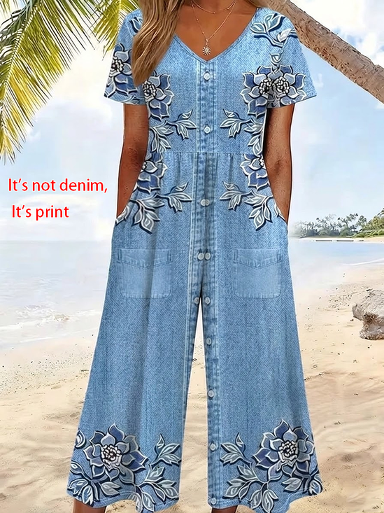 Women Floral V Neck Half Sleeve Casual Summer Jumpsuit