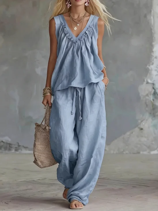 Women Plain Two-Piece Set Daily Sleeveless Casual Summer Top With Pants Matching Set