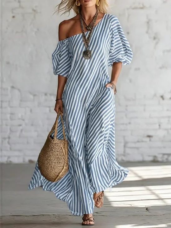 Women Striped Summer Dress Asymmetrical Short Sleeve Fit & Flare Dress A-Line Dress