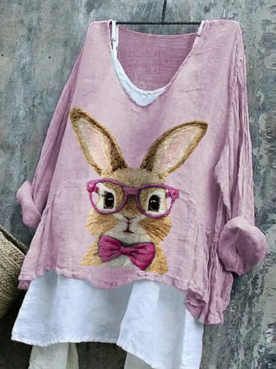 V Neck Long Sleeve Easter (rabbit) Printing Regular Micro-Elasticity Loose Graphic Tee Blouse For Women