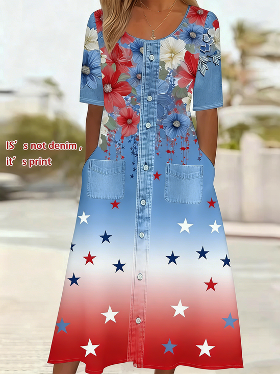 Women Floral Summer Dress Crew Neck Half Sleeve Shirt Dress A-Line Dress