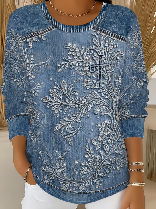 Casual Faux Denim Print Graphic Crew Neck Long Sleeve T-shirt