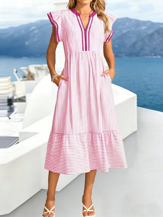 Women Striped Summer Dress V Neck Short Sleeve Fit & Flare Dress A-Line Dress