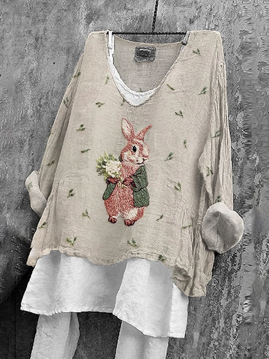 V Neck Long Sleeve Easter (rabbit) Printing Regular Micro-Elasticity Loose Graphic Tee Blouse For Women