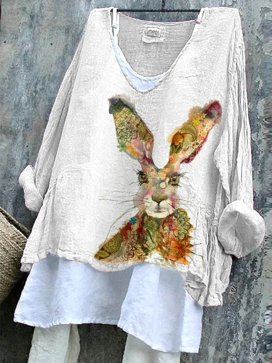 V Neck Long Sleeve Easter (rabbit) Printing Regular Micro-Elasticity Loose Graphic Tee Blouse For Women