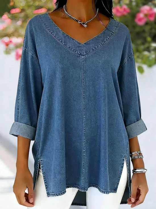 Casual Plain V Neck Long Sleeve T-shirt