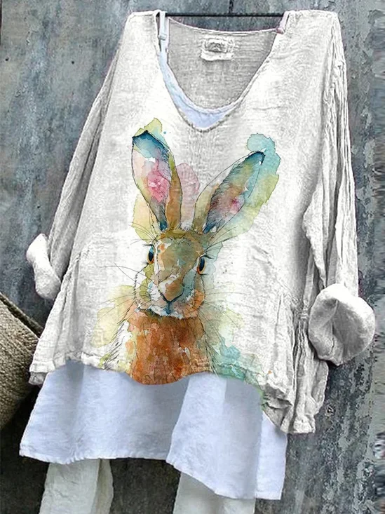 V Neck Long Sleeve Easter (rabbit) Printing Regular Micro-Elasticity Loose Graphic Tee Blouse For Women