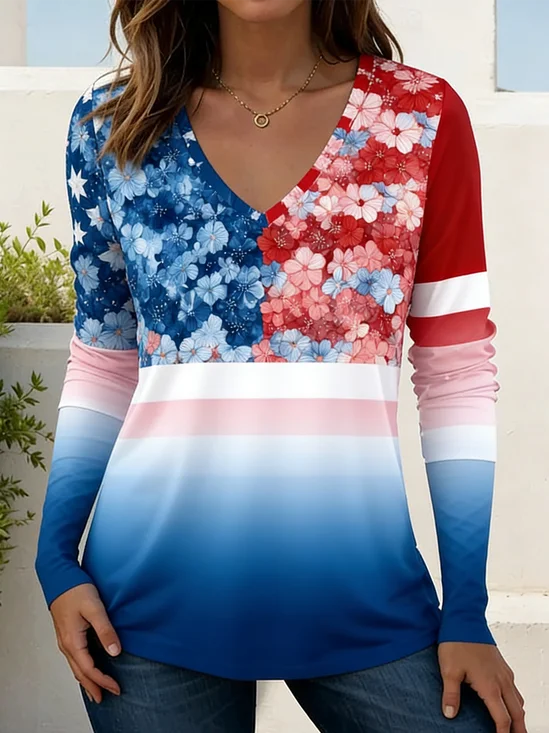 Elegant Striped V Neck Long Sleeve T-shirt