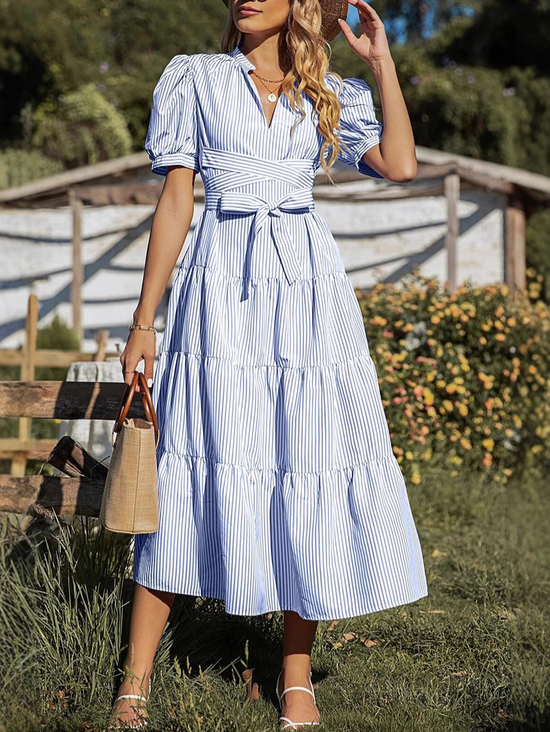 Women Striped Summer Dress V Neck Short Sleeve Fit & Flare Dress A-Line Dress