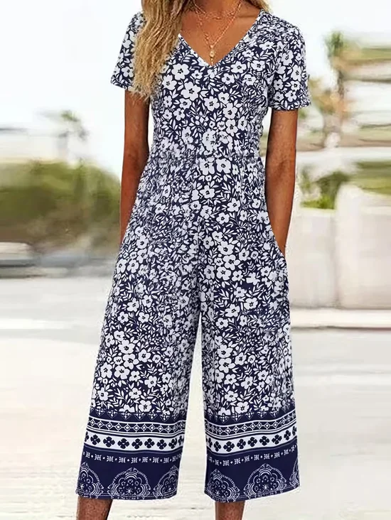 Women Floral V Neck Half Sleeve Casual Summer Jumpsuit