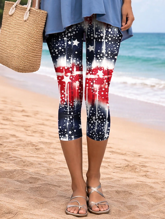 Women Star Elastic Waist Casual Summer Capris Leggings