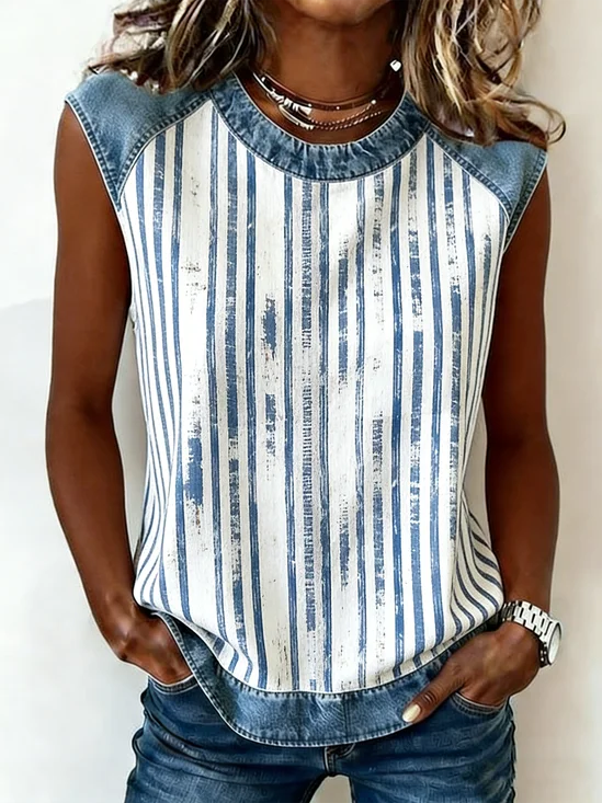 Vintage Crew Neck Striped Tank Top
