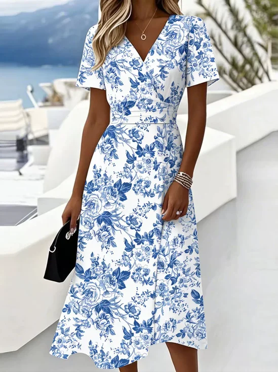 Women Floral Summer Dress V Neck Short Sleeve Fit & Flare Dress A-Line Dress
