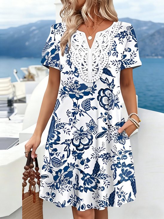 Women Floral Summer Dress V Neck Short Sleeve Fit & Flare Dress A-Line Dress