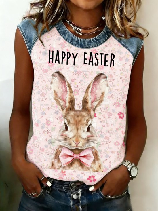 Vintage Floral Crew Neck Sleeveless T-shirt