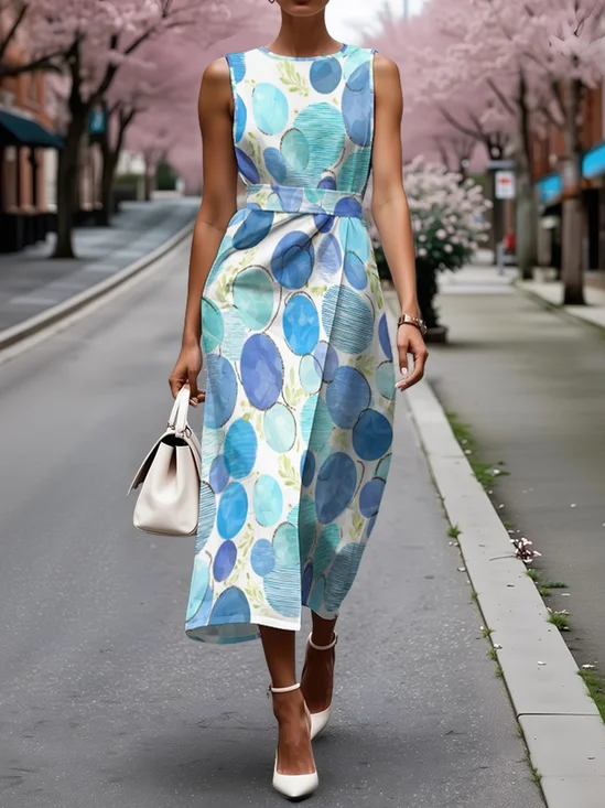 Women 3D Printing Summer Dress Crew Neck Sleeveless Fit & Flare Dress A-Line Dress