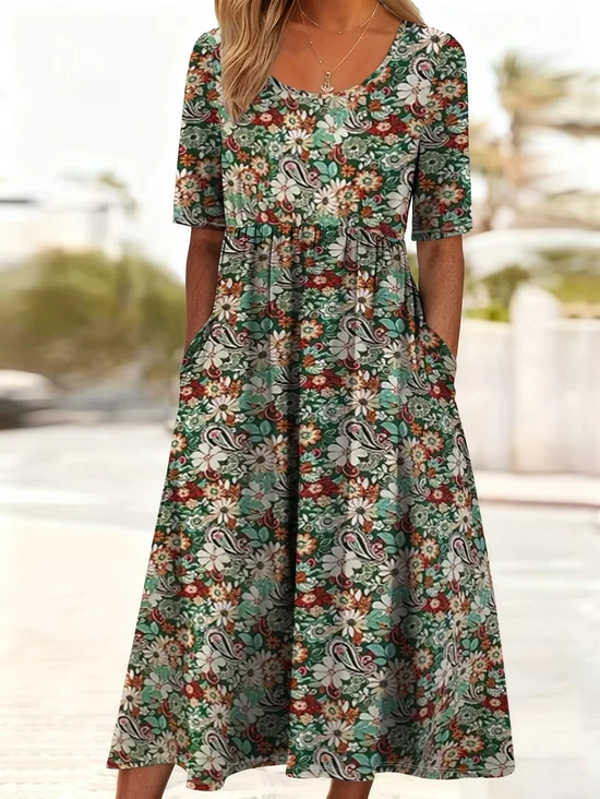 Women Floral Summer Printing
                                    Dress Crew Neck Short Sleeve Shift
                                    Dress H-Line Dress