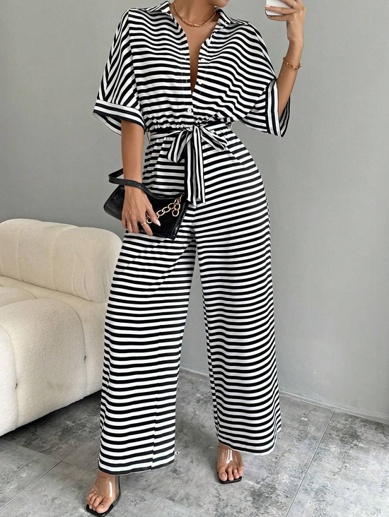 Women Striped Shawl Collar Short Sleeve Casual Summer Jumpsuit