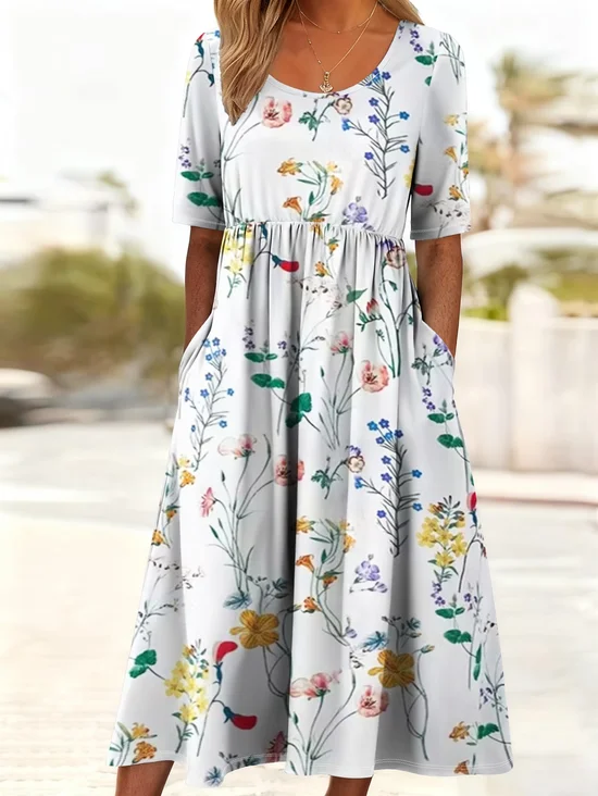 Women Floral Summer Printing Dress Crew Neck Short Sleeve Shift Dress H-Line Dress