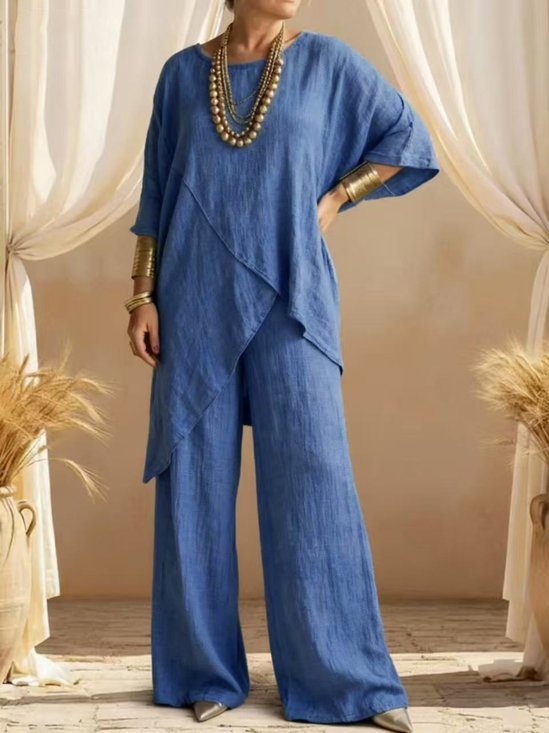 Women Plain Two-Piece Set Daily Half Sleeve Vintage Summer Top With Pants Matching Set