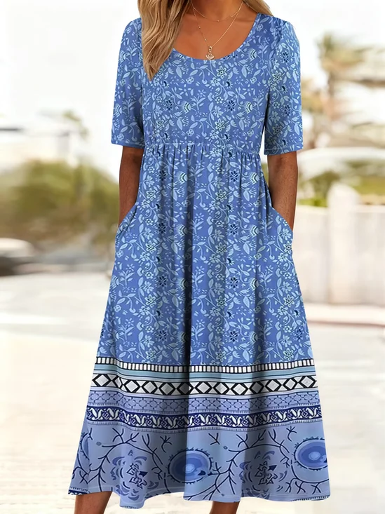 Women Floral Summer Printing
                                    Dress Crew Neck Short Sleeve Shift
                                    Dress H-Line Dress