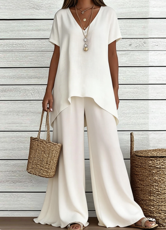 Women Plain Two-Piece Set Daily Short Sleeve Vintage Summer Top With Pants Matching Set