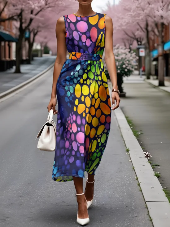 Women 3D Printing Summer Dress Crew Neck Sleeveless Fit & Flare Dress A-Line Dress