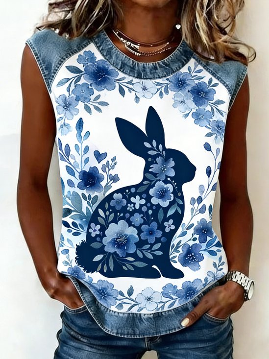 Vintage Floral Crew Neck Sleeveless T-shirt