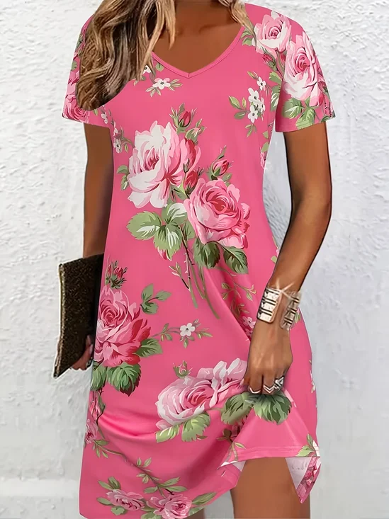 Women Floral Summer Printing Dress V Neck Short Sleeve Classic A-Line Dress