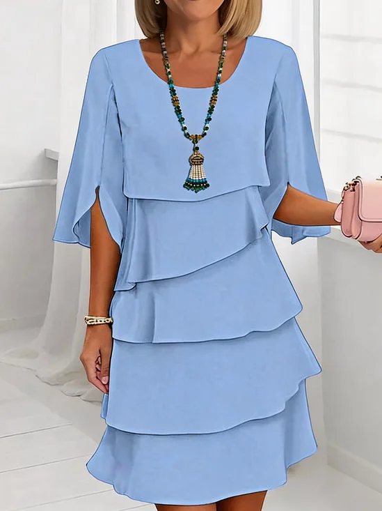 Women Plain Summer Dress Crew Neck Half Sleeve A-Line Dress