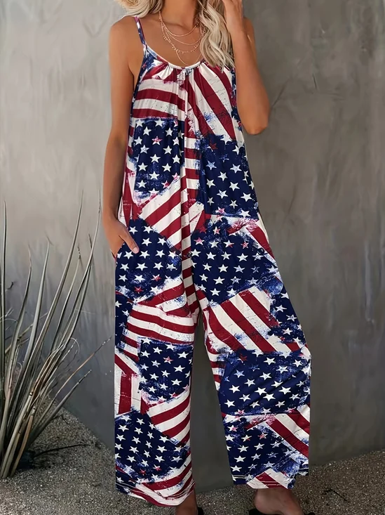 Women America Flag Crew Neck Sleeveless Casual Summer Jumpsuit