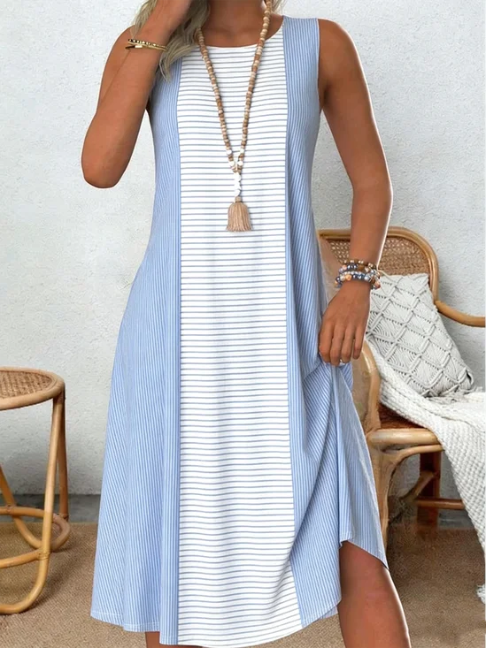 Women Striped Summer Dress Crew Neck Sleeveless Tank A-Line Dress