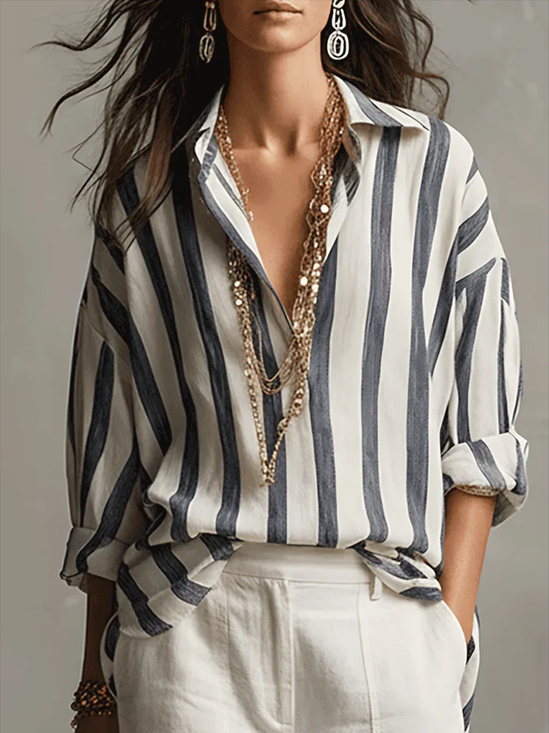 Shirt Collar Regular Sleeve Long Sleeve Striped Buckle Regular Loose Button Up Shirt Shirt For Women