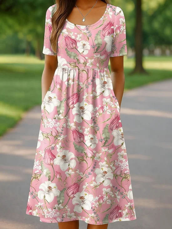 Women Floral Summer Printing
                                    Dress Crew Neck Short Sleeve Shift
                                    Dress H-Line Dress