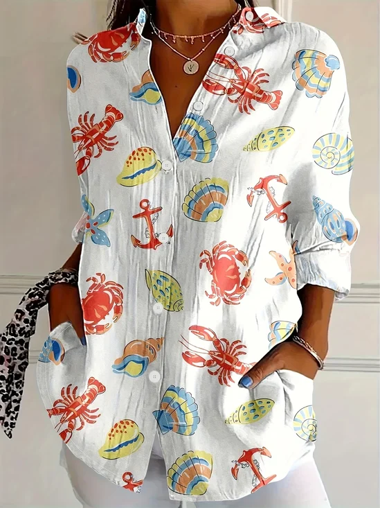 Shirt Collar Regular Sleeve Long Sleeve Marine Life Buckle Regular Loose Button Up Shirt Shirt For Women