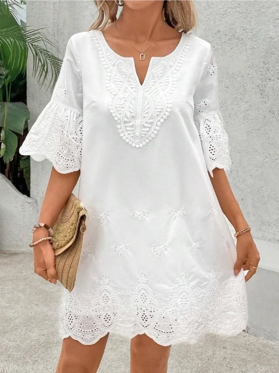 Women Plain Summer Hollow Out Dress Half Sleeve H-Line Dress