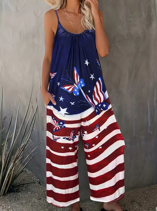 Women Butterfly Crew Neck Sleeveless Casual Summer Jumpsuit