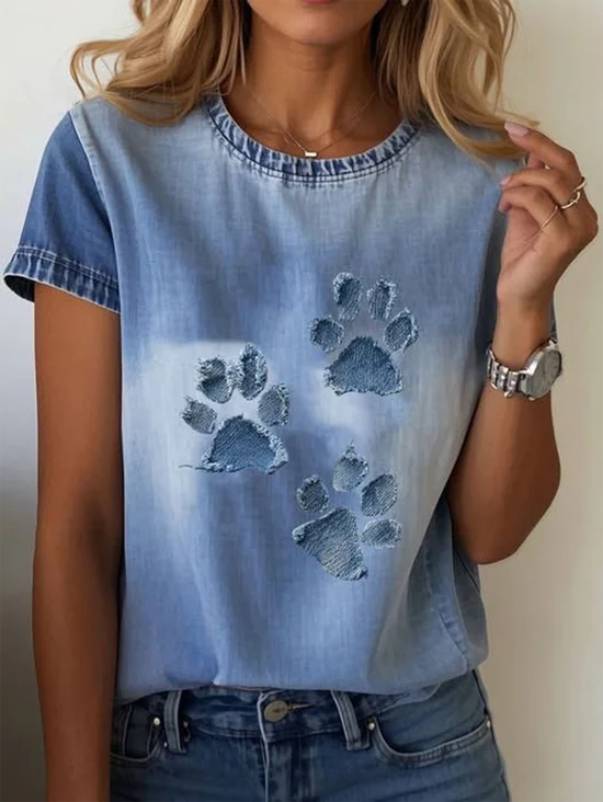Casual Faux Denim Print Graphic Crew Neck Short Sleeve T-shirt