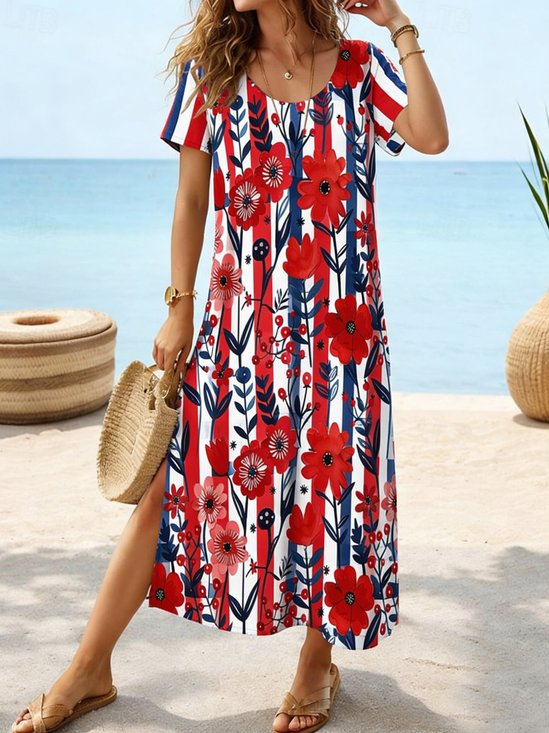 Women Floral Summer Dress Crew Neck Short Sleeve Fit & Flare Dress A-Line Dress