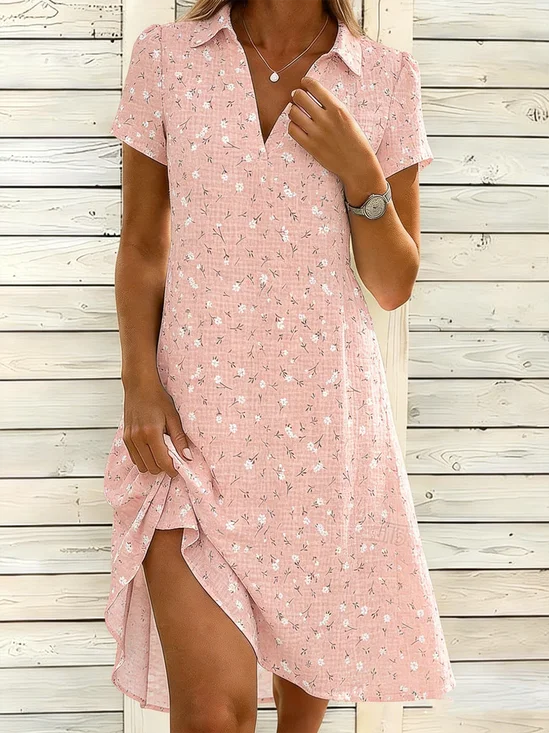 Women Floral All Season Dress Shawl Collar Short Sleeve Shirt Dress A-Line Dress