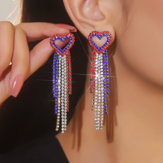 America Independence Day Long Style Fringed Heart Shaped Stud Crystal Accents Ultra Shiny Earrings