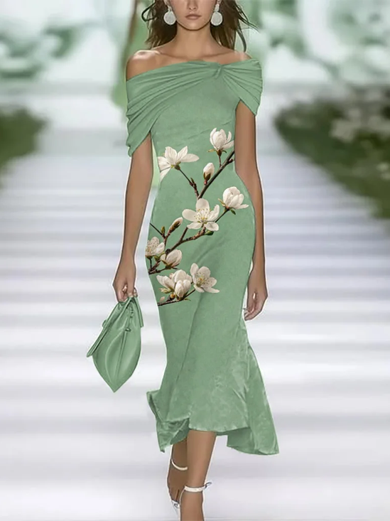 Women Floral Summer Printing Dress Cold Shoulder Cap Sleeve H-Line Dress