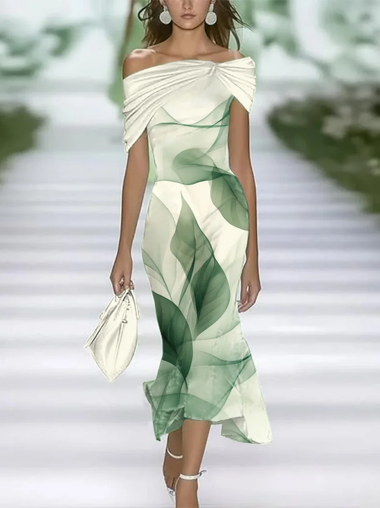 Women Leaf Summer Printing Dress Cold Shoulder Cap Sleeve H-Line Dress