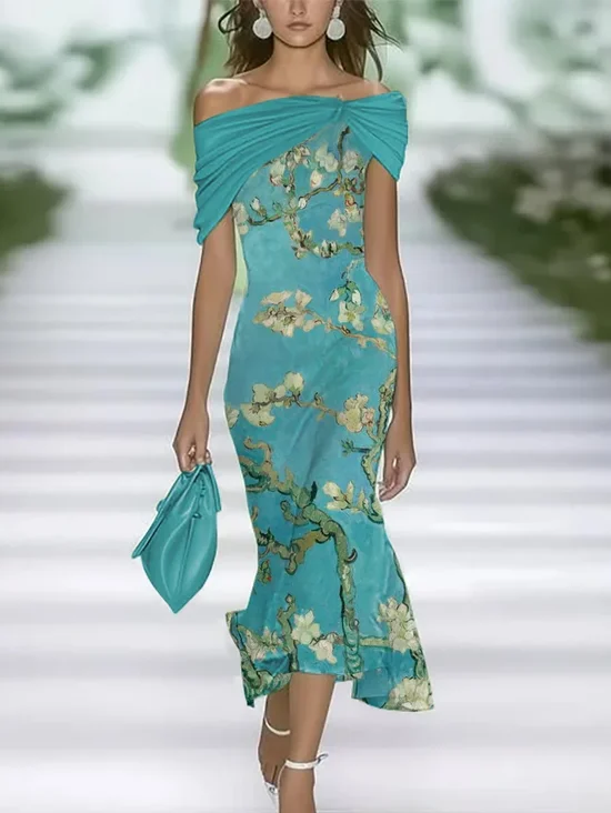 Women Floral Summer Printing Dress Cold Shoulder Cap Sleeve H-Line Dress