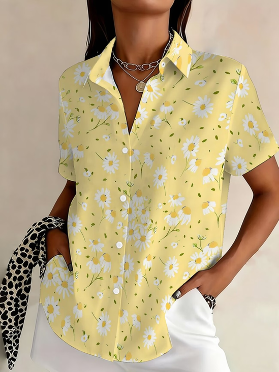 Shirt Collar Short Sleeve Floral Printing Regular Micro-Elasticity Loose Button Up Shirt Shirt For Women