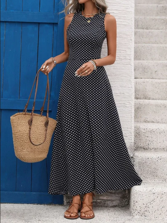 Women Polka Dots Summer Dress Crew Neck Sleeveless A-Line Dress