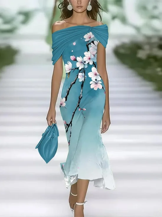 Women Floral Summer Printing Dress Cold Shoulder Cap Sleeve H-Line Dress