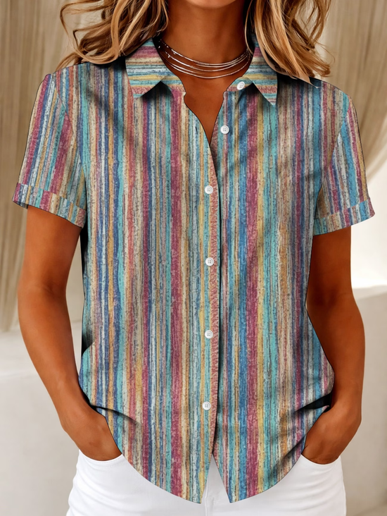 Shirt Collar Short Sleeve Abstract Stripes Printing Regular Micro-Elasticity Loose Button Up Shirt Shirt For Women